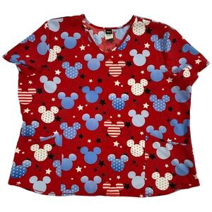 Disney Mickey Mouse Patriotic Red White Blue Stars Scrub Top 3XL Women's (171)